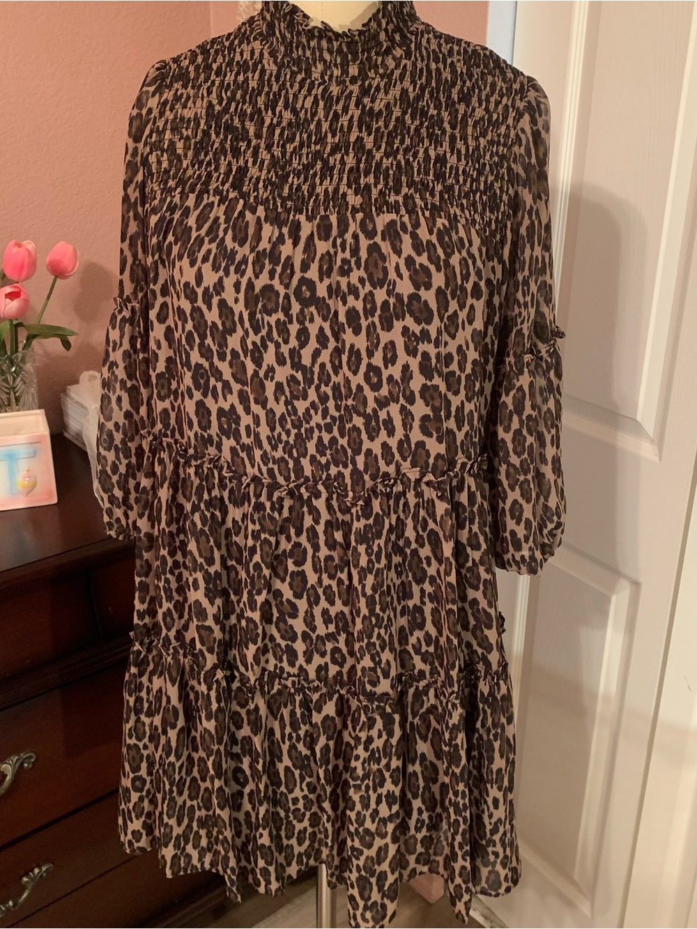 TAYLOR Women's Animal Print Ruffled Tiered Dress- Brown Leopard